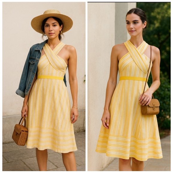 Anthropologie Dresses & Skirts - HD in Paris Anthropologie Yellow Stripe Halter Neck Midi Dress Size 8